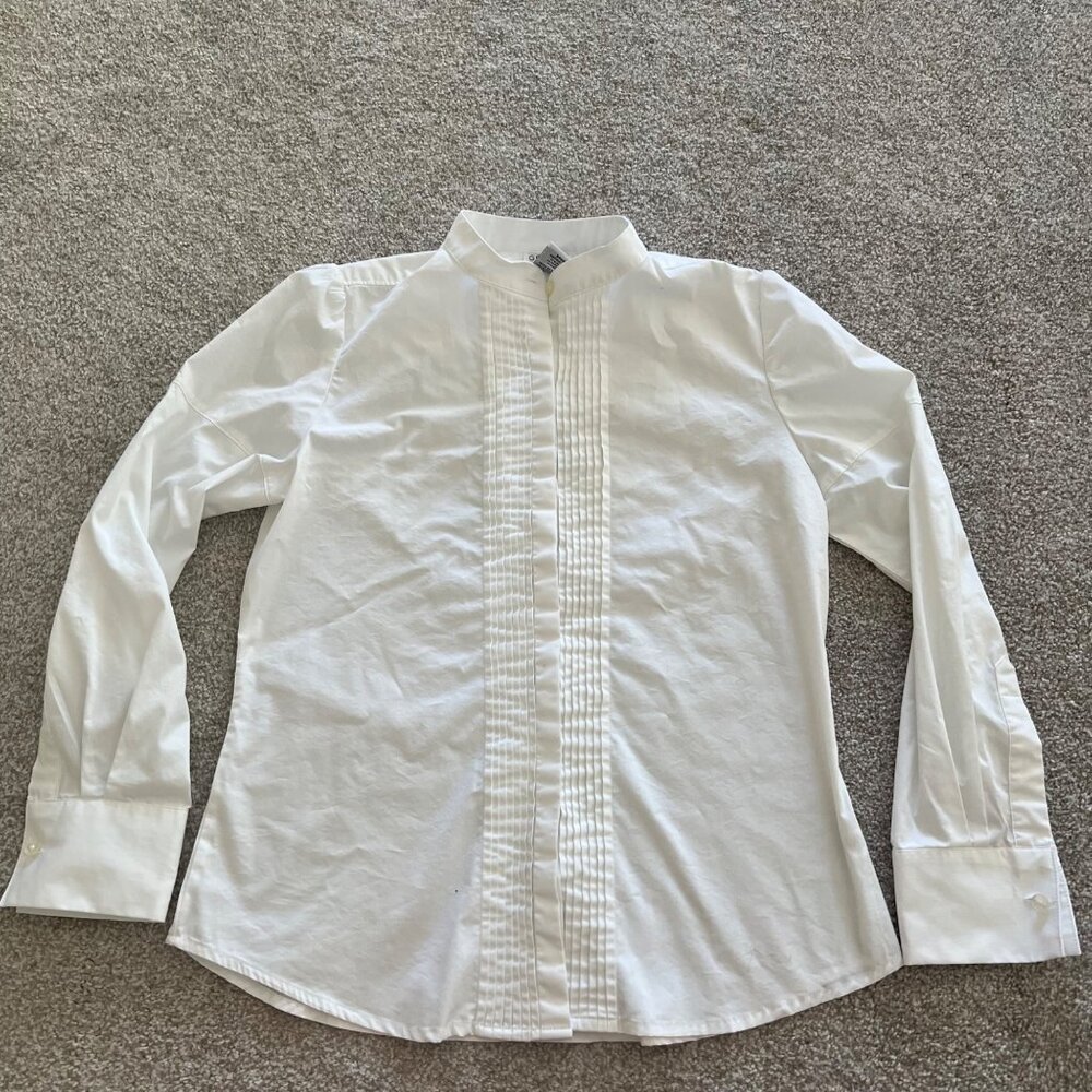 George Stretch Minimalist Pointed Collar Pleated Front Hidden Button Career Top - Picture 6 of 9